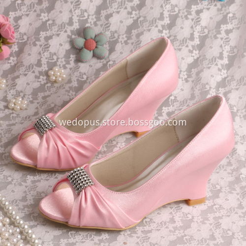 Peep Toe Wedding Wedge Heel Navy Satin Shoes